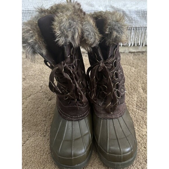 Women’s Boots Rain Winter Snow Mid-Calf Green Duck Boot Faux Fur Lace Up Size 9 - Picture 3 of 6